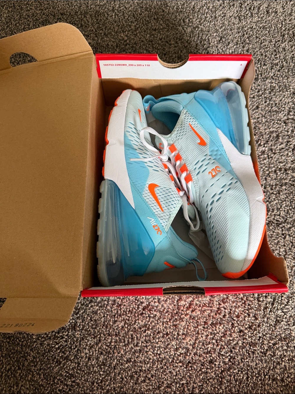 Nike Kids Air Max 270 in Light Blue with Orange Accents